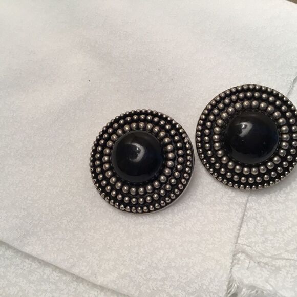 Big Silvertone and Black Clip On Earrings - Picture 2 of 5